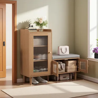 Immagine prodotto di Armadio per scarpe INONEFT con panca integrata, scaffalatura chiusa con 2 ripiani regolabili e 3 ante, ideale per l'ingresso e il corridoio, dimensioni 100x69,5x35 cm, colore legno