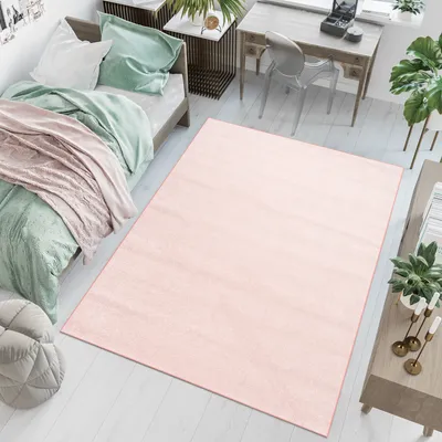 Produktbild von Teppich Kurzflor Schlafzimmer Wohnzimmer Kinderzimmer Rosa Einfarbig Modern Design 80 x 150 cm