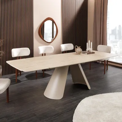 Produktbild von riess-ambiente Esstisch VOGUE 160-240cm beige champagner greige Keramik Travertin Metall ausziehbar 12 Personen
