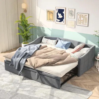 Produktbild von Tagesbett 90x200 cm mit Ausziehbett, Grau, Samt, 3-in-1 Schlafsofa, Funktionsbett mit Lattenrost