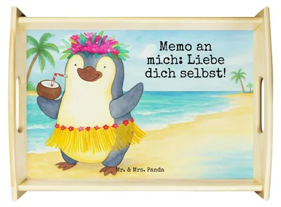 Produktbild von Mr. & Mrs. Panda Tablett Pinguin Kokosnuss Design - Weiß - Geschenk, Holztablett, Aloha, holz serviertablett, Dekotablett, Hawaii, Urlaub, Deko, für bett