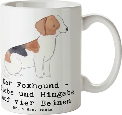 Produktbild von Mr. & Mrs. Panda Tasse Liebevoller Foxhound - Weiß - Geschenk, Familienhund, Hunderassen, Becher, Hingabe, Beschreibung, mit Motiv, Bedingungslose Liebe, Hunderasse