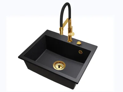 Produktbild von Granit Küchenspüle BRADO EXCLUSIVE 55 Set mit Armatur, automatischem Siphon und Ablaufgarnitur Gold