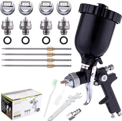 A product shot of a spray gun kit with accessories on a white background.