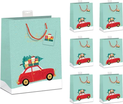 Produktbild von PremiumLine Geschenktaschen Weihnachten 6 Stück | edle DIN A5 Geschenktüten Papier Geschenkbeutel mittel | farbige Kordel, Namenskarte | Weihnachtsauto, Medium 18x23x10cm | Skorpion Papeterie