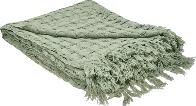 Zdjęcie produktu dla BELIANI Narzuta na łóżko zielona bawełna 200 x 220 cm koc z frędzlami dekoracyjna ozdobna sypialnia