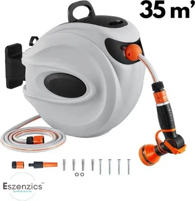 Obrázek produktu pro Zahradní hadice Hortenbaum – délka 35 metrů – držák trysky – otočný o 180 stupňů – robustní navíjecí mechanismus – tryska s 9 nastaveními