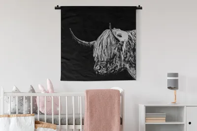 Produktbild von MuchoWow® Wandteppich Wandbehang Schottisches Hochlandrind - Kuh - Schwarz - Weiß 90x90 cm Tapisserie Dekoration Wandtuch - Wandaufhänger