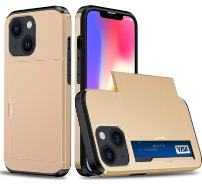 Produktbild von Mobigear Card iPhone 15 Hülle, Hartschalenhülle, Rückseite, stoßfest mit Kartenhalter - Gold
