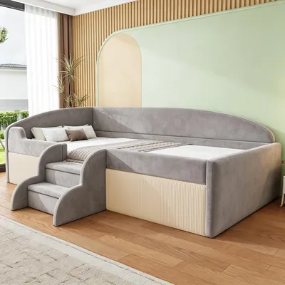 Produktbild von Flieks Kinderbett 90x190cm mit Treppe, Kinder Schlafsofa Einzelbett mit Rausfallschutz und Lattenrost, Polsterbett Samt, Grau