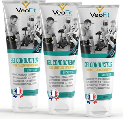 Image de 3x VEOFIT gel de contact conducteur pour électrodes, eucalyptus, pour appareils EMS TENS, électrostimulateurs, pads pour électrodes - Améliore le contact des électrodes et protège la peau