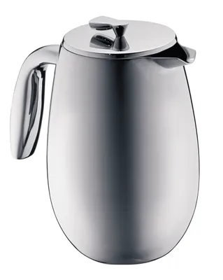 A silver French press coffee maker is shown against a white background.
