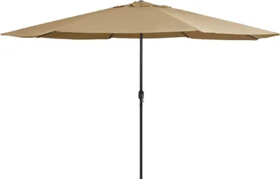 A taupe patio umbrella with a black pole against a white background.