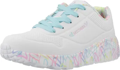 A single white sneaker with colorful accents is shown from a side-angle.