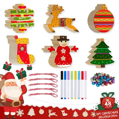 Weihnachts-Bastelset, 48 Holz-Anhänger zum Bemalen, inkl. Zubehör
