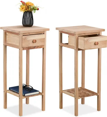 Produktbild von Relaxdays Telefontisch, 2er Set, Holz, HxBxT: 60 x 25 x 25 cm, Beistelltisch mit Schublade, für Flur & Wohnzimmer, natur