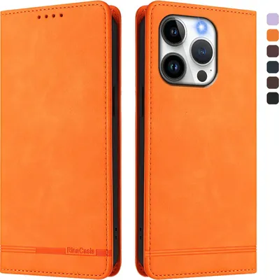 Produktbild von Hülle für iPhone 15 Pro, Retro Kunstleder Ständer Klapphülle mit Kartenfächer und Magnetische Orange