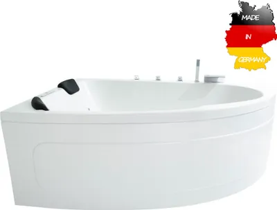 Produktbild von Basera CLASSIC Indoor Eck-Whirlpool Badewanne Guam Links 180 x 130 cm für 2 Personen mit 25 Massagedüsen, Wasserfall, LED-Ambiente, Touchpanel, Bluetooth und Radio