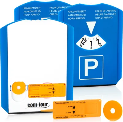 Produktbild von com-four® 3x Parkscheibe mit Eiskratzer, Gummilippe und Einkaufswagenchip und Reifenprofilmesser - Parkuhr aus Kunststoff