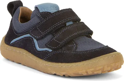 A single blue and navy child's shoe with brown sole and velcro straps, presented on a white background.