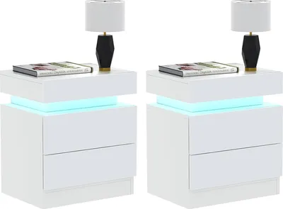 Produktbild von 2x LED Nachttisch,Weiß Hochglanz Nachtschrank mit 2 Schubladen,Versteckter Stauraum Oben,Beistelltisch Kommode für Schlafzimmer 45x35x52cm