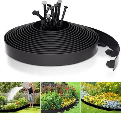 Image de TolleTour 10m Bordure de pelouse flexible en plastique pour l'ancrage Bordure de parterre Noir avec 30 ancrages de terre