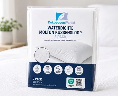 Produktbild von Unyqoos® Wasserdichte Kissenbezüge 2er-Set Weiß 60 x 70 cm – 80% Baumwolle/20% Polyester, antiallergisch & antibakteriell, mit Reißverschluss, waschbar 40°C