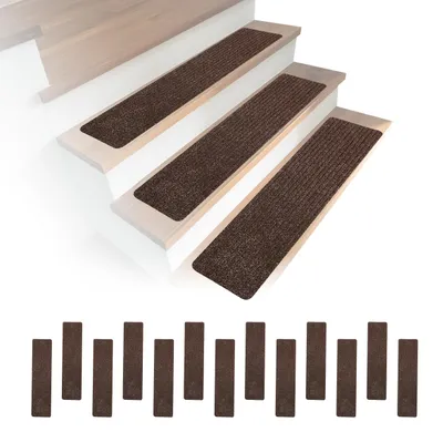 Zdjęcie produktu dla Zestaw 16 dywaników schodowych Relaxdays, prostokątne dywaniki schodowe, 75 x 20 cm, samoprzylepne dywaniki schodowe, brązowe