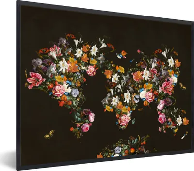 Produktbild von MuchoWow® Gerahmtes Poster Weltkarte - Blumen - Insekten 80x60 cm - Poster mit Schwarzem Bilderrahmen Wandposter Rahmen Foto Bilder - Schwarzem - Mit Gestell