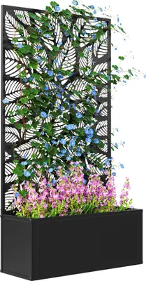 Image de Outsunny Jardiniššre avec treillis, brise-vue paravent, jardiniššre extšŠrieure mšŠtal sur pieds ou murale, motifs de feuilles ajouršŠe, bac š€ fleurs rectangulaire balcon terrasse patio, 61x23x113 cm, noir