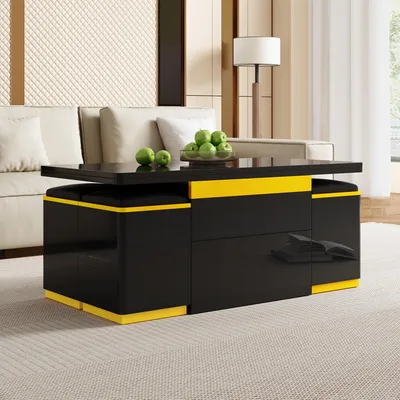 Produktbild von okwish Moderner Couchtisch Beistelltisch mit Klapp- und Hebefunktion,Esstisch mit Schubladen und offenen Ablagefächern,mit hochklappbarer Tischplatte und 4 Hocker,Schwarz