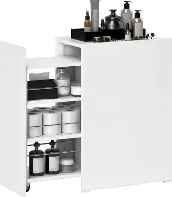 Image de Armoire de salle de bain étroite - Chariot indépendant - 3 compartiments - Tiroir - Roulettes - 47×30×66,5 cm - Blanc
