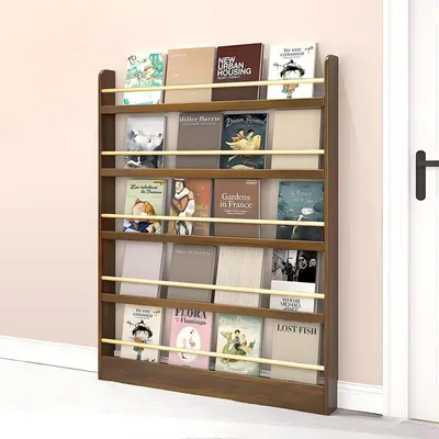 Image de Étagère murale pour livres pour enfants, en bois, finition noyer, dimensions 70x10x145 cm