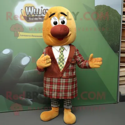 Immagine prodotto di Personaggio in costume mascotte REDBROKOLY Olive Currywurst vestito con una camicia di flanella e fermacravatta