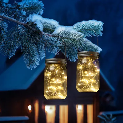 LED Solar Gläser - Windlichter mit Drahtlichterkette - Lichtsensor - H: 13cm - transparent - 2 Stück