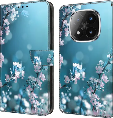 Produktbild von CLM-Tech Handyhülle kompatibel mit Xiaomi Redmi Note 14 Pro Plus 5G Hülle - Tasche aus Kunstleder - Klapphülle mit Ständer und Kartenfächern - Schutzhülle Wallet Case Cover Pflaumenblüte blau