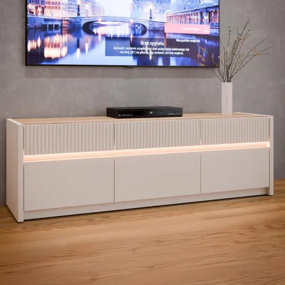Obrázok produktu pre Televízna skrinka Forte OAK SQUERE 160, elegantná nízka skrinka s 3 zásuvkami a 3 sklopnými priehradkami, drevotrieska, Imitácia dubu Mauvella, šírka 160 cm x výška 50,7 cm x hĺbka 41,5 cm