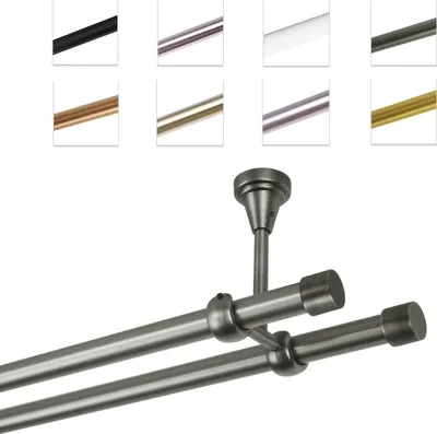 A collage of different colored curtain rods and a close-up of a double curtain rod system.