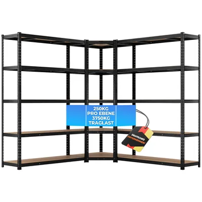 Produktbild von ALL Premium Schwerlastregal Eckregal 180x70x40 cm + 2X 180x120x40 cm Schwarz - 1250kg Traglast ideal für Keller & Garage