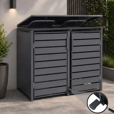 Image de Abri pour 2 poubelles HWC-Q75, abri pour poubelles, couvercle avec pédale en métal, 116 x 132 x 89 cm, 53 kg ~ anthracite