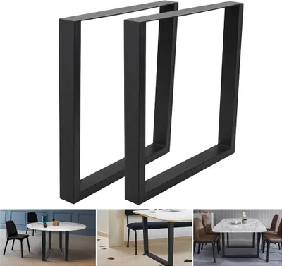 A collage of images showing black metal table legs and examples of tables built with them.