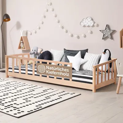 Zdjęcie produktu dla Łóżko platformowe 140x200 z barierką ochronną, w komplecie z materacem sprężynowym, przeznaczone dla chłopców i dziewcząt - dostępne również jako łóżko dziecięce 90x200