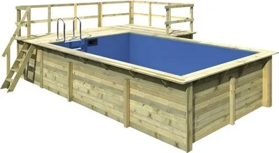 Produktbild von Aufstellpool Holzpool-Set Karibu Grösse 3 rechteckig 672x483x124 cm inkl. Bodenschutzvlies, Innenauskleidung mit Keilbiese & Leiter mit L-Plattform
