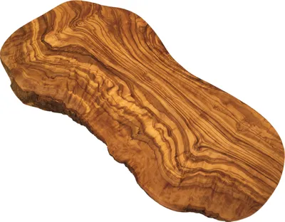 A single olive wood cutting board with a natural edge, presented on a white background.