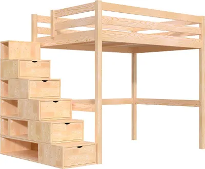 Produktbild von Hochbett 140x200 Sylvia mit treppenregal - Roh (ohne Lack)
