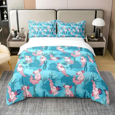 Productafbeelding van Beddengoedset 155x220 cm, 100% biologische katoen, met kussensloop 80x80 cm, in de kleur teal met oceaanmotief