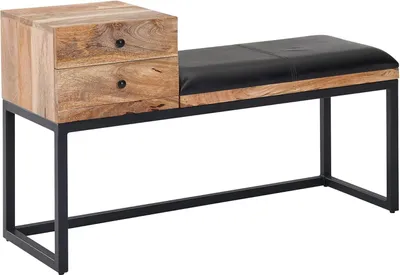 Produktbild von Geitenlederbank - Retrostil massiver Holzbänke - Metallbank mit Stauraum - Schwarz gepolsterte Lederbank - Kleine Bank - 100x60x35 cm
