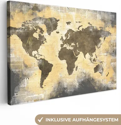 Obrázok produktu pre OneMillionCanvasses® - Výtlačky na plátne - 140x90 cm, mapa sveta - zlatá - noviny, nástenná umelecká dekorácia
