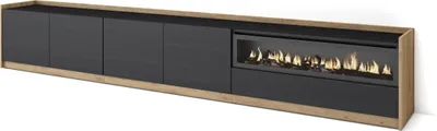 Image de Meuble TV, Banc Télé, Grand espace de Rangement, 310x37x50cm, Pour les TV jusqu'à 80", Cheminée électrique, Noir et chêne