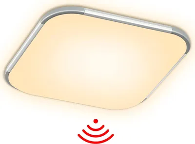 A modern LED ceiling light with a motion sensor.